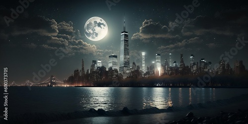 Gorgeous nighttime view of Manhattan city. Night city wallpape. Generative IA