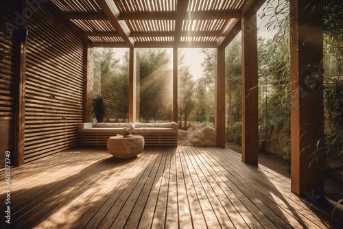 Outdoor living space with wood partition surrounded by nature and sunlight on the floor. Generative AI