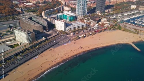 Beautiful Aerial Shot of Barceloneta Beach in Barcelona, Spain photo