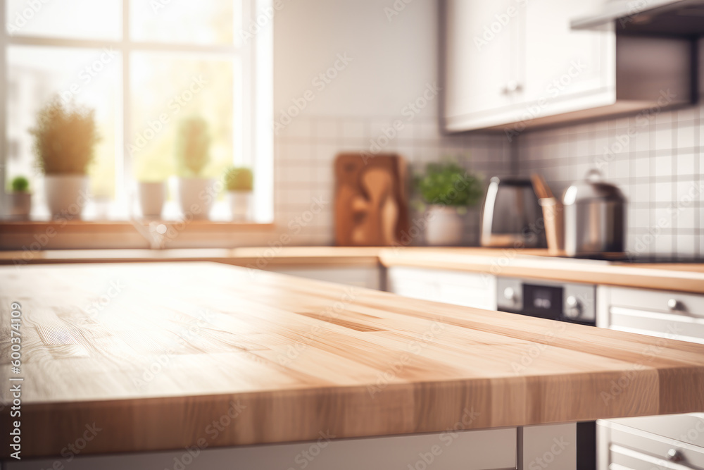 Empty wooden table top on blurred kitchen interior background. Generative AI. Empty wooden table top on blurred kitchen interior background. Generative AI.