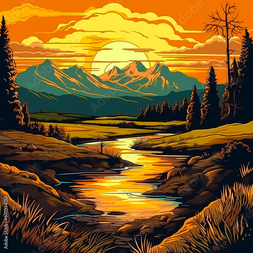 landscape vector illustration. A colorful illustration of a river in a landscape with mountains and trees. Generative AI