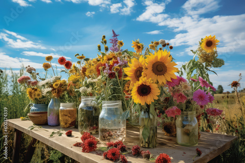 Country Garden Floral Delight. Colorful Flowers, Including Sunflowers, Adorn a Rustic Wooden Table in the Field. Fresh Blooms AI Generative. 