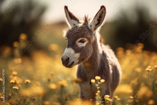 Foto A tiny donkey in a sunny flower field. Generative AI