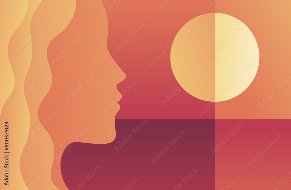 Woman face silhouette and abstract sunset 