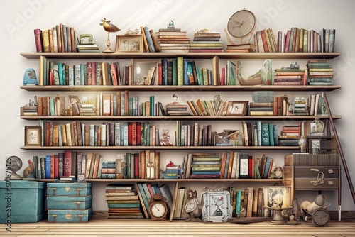 A whimsical clip art set of books and bookshelf on white background. Ideal for various designs such as cards, games, and wallpapers. Generative AI