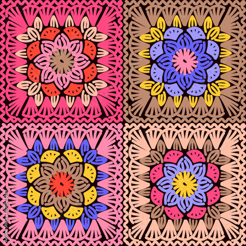 Granny square pattern. Multicolor crochet flowers. Vector illustration file. photo