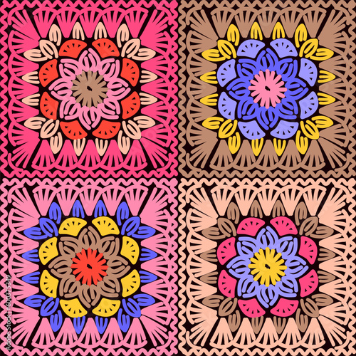 Granny square pattern. Multicolor crochet flowers. Vector illustration file.