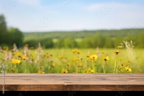 Wooden table flower field. Generate Ai