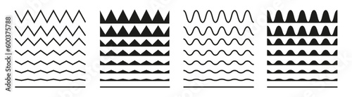 Wave line and wavy zigzag lines. Black underlines wavy curve zig zag line pattern in abstract style. Geometric decoration element. Vector illustration.