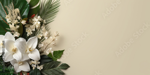 Tropical leaves on the side of large light background, Beautiful flower composition with large white space for text or copy, clean and minimal top view wallpaper.