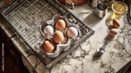 Classic Kitchen Display. Overhead Shot of a Vintage Marble Countertop with Egg Cartons. Stylish Interior AI Generative.
