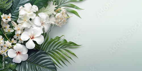 Fototapeta Naklejka Na Ścianę i Meble -  Tropical leaves on the side of large light background, Beautiful flower composition with large white space for text or copy, clean and minimal top view wallpaper.