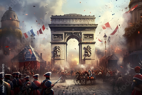 A painting of soldiers in front of a triumph. Bastille Day French National Day La Fte Nationale Generative AI photo