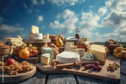 A Taste of Artisan Cheese. Different Cheeses Displayed on a Wooden Table with a Blue Sky and Clouds Background. Culinary Delight AI Generative