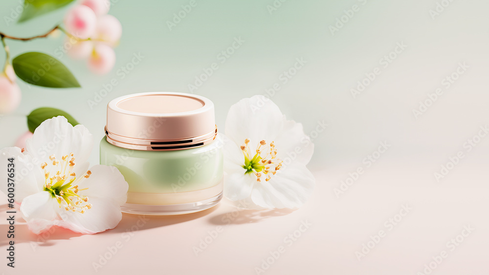 Cosmetic jar with organic moisturizing cream with floral fragrance on light gradient background with beautiful blooming sakura flowers. Natural beauty product. Mockup, copy space. Generative ai