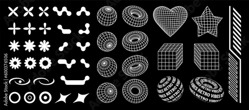 Collection of retro Y2K forms, shapes and 3d mesh objects, 2000s graphic design elements, 00s aesthetic set.