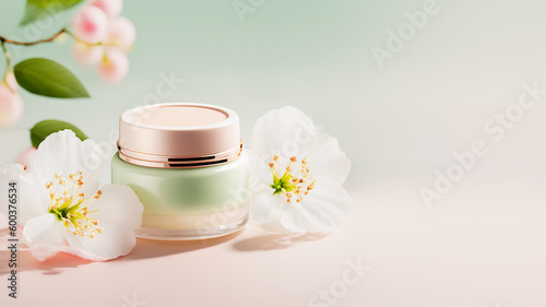 Cosmetic jar with organic moisturizing cream with floral fragrance on light gradient background with beautiful blooming sakura flowers. Natural beauty product. Mockup  copy space. Generative ai