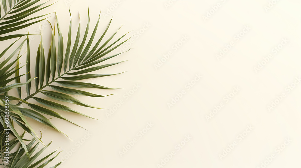 Palm tree leaves on the side of large light pastel background, Beautiful composition with large white space for text or copy, clean and minimal top view wallpaper.