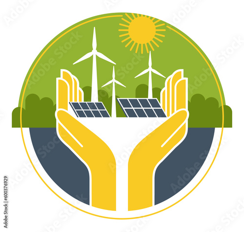 Hand holding wind turbines and and solar panels