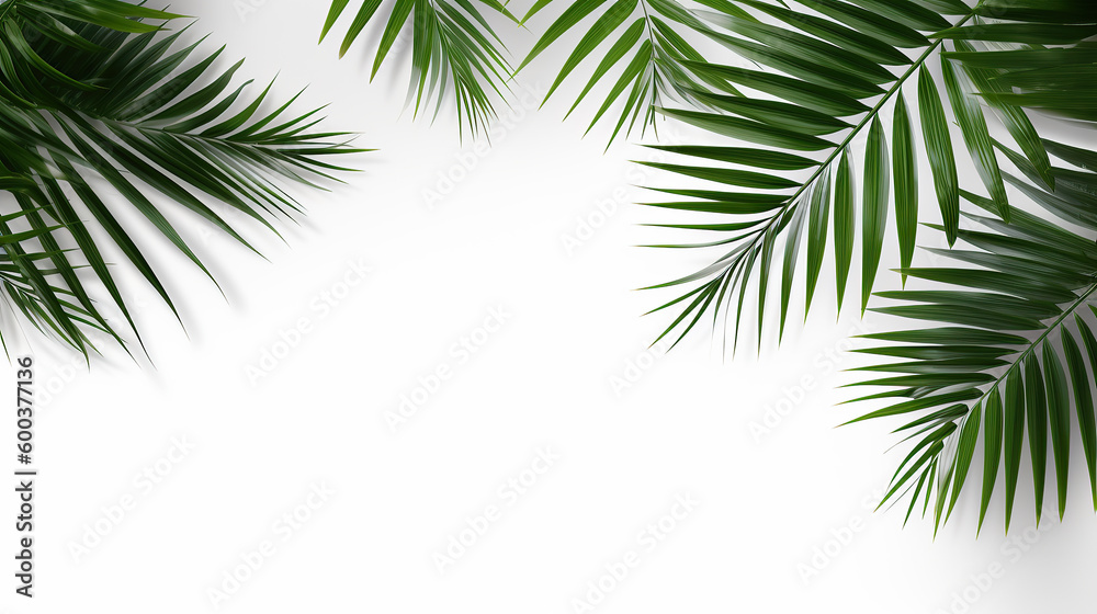 Palm tree leaves on the side of large light pastel background, Beautiful composition with large white space for text or copy, clean and minimal top view wallpaper.