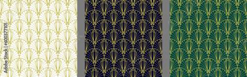 Seamless geometric pattern with art deco style peace lily flowers and gold line art on blue background. Ideal for fabric, wallpaper, phone case, wrapping paper, notebook cover, packaging and more.