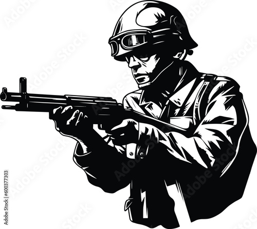 soldier, swat with gun, black and white logo, emblem style isolated Vector illustration.