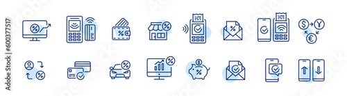 Financial icons. Contactless payment, savings, p2p transactions and currency conversion. Pixel perfect, editable stroke icons