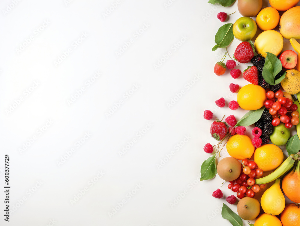 Fresh summer fruit background on white with copy space. Fresh summer fruit background on white with copy space.