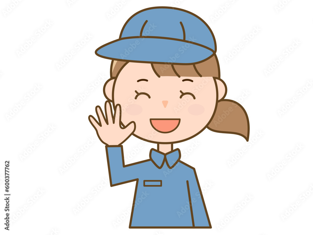 手を上げて笑顔で挨拶をする作業服を着た女性作業員_配達員_清掃員のイラスト青B