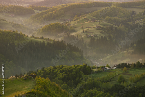 Scenic view of nature landscape over the hills and mountains in Poiana Marului, Brasov County, Romania. photo