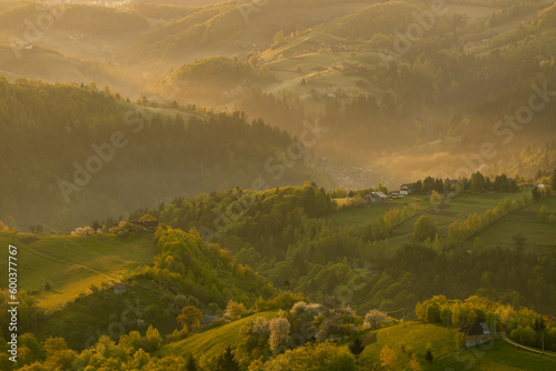 Fototapeta Naklejka Na Ścianę i Meble -  Scenic view of nature landscape over the hills and mountains in Poiana Marului, Brasov County, Romania.