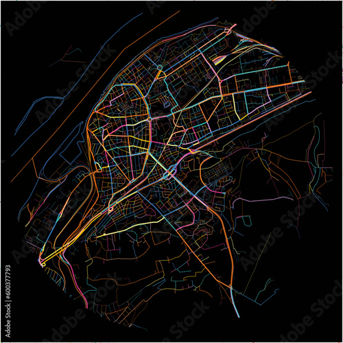 Colorful Map of Ruse with all major and minor roads.