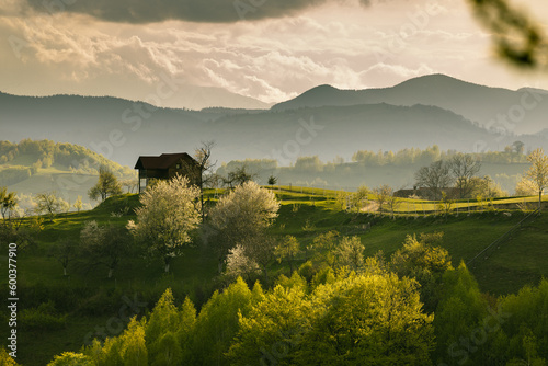 Scenic view of nature landscape over the hills and mountains in Poiana Marului, Brasov County, Romania. photo