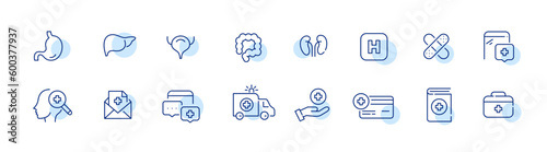 Medical treatment. Internal organs, check up, ambulance and hospital services. Pixel perfect, editable stroke icons set