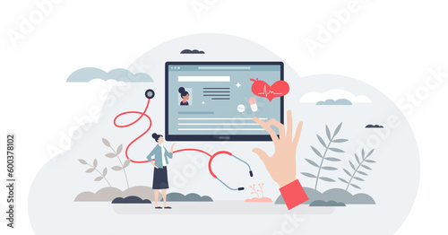 Electronic health records with patient medical history tiny person concept, transparent background. Healthcare software with digital prescriptions, xray or emr results and diagnostics illustration.