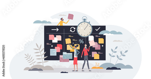Agile project management for software development work tiny person concept, transparent background. Process strategy and method for effective and productive programming and coding illustration.