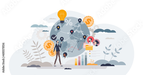 Business process outsourcing as effective distant work tiny person concept, transparent background. Global employee network for BPO company strategy illustration.