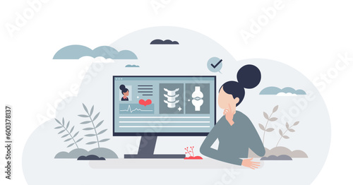 Digital health records with diagnostic history files tiny person concept, transparent background. Hospital technological data base for patient xray, emr or consultation results illustration.