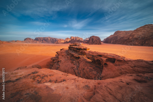 Rock formations in the red desert of Wadi Rum in Jordan - captured in the golden hour