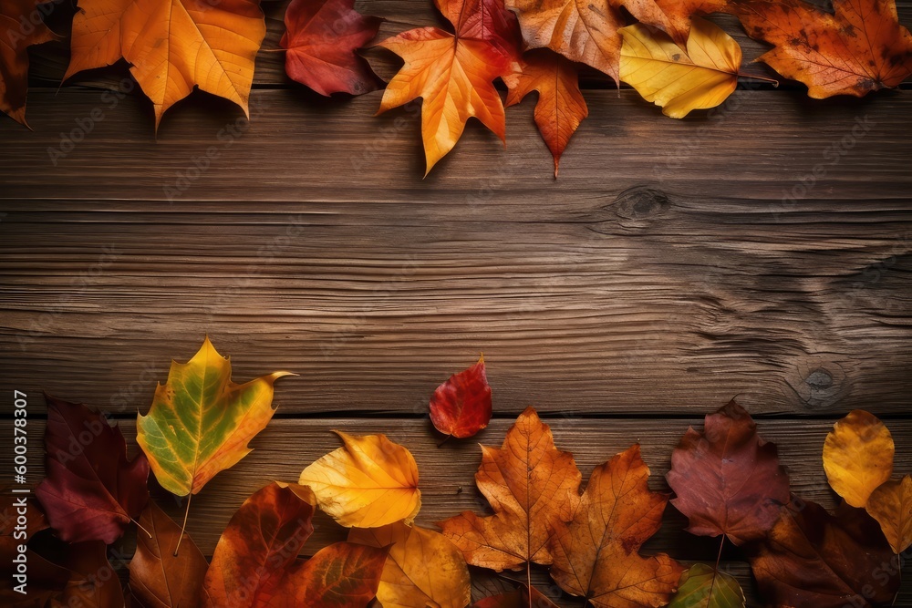 autumn leaves on wooden background