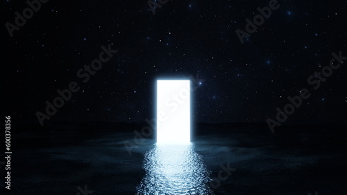 Light portal door is reflected in water. Door to other worlds and galaxies in sea. Journey into future to the stars and nebulae. 3d render