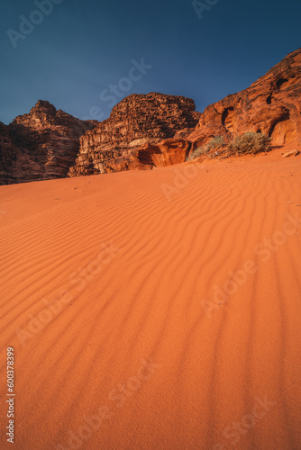 Wadi Rum desert in Jordan and beautiful dunes captured on a warm spring day.
