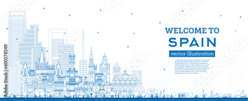 Welcome to Spain. Outline City Skyline with Blue Buildings. Modern and Historic Architecture. Spain Cityscape with Landmarks.