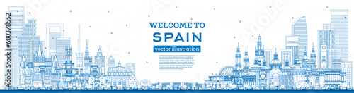 Welcome to Spain. Outline City Skyline with Blue Buildings. Modern and Historic Architecture. Spain Cityscape with Landmarks.