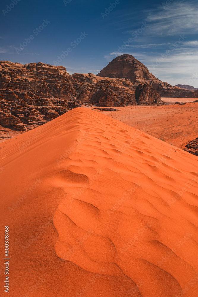 Wadi Rum desert in Jordan and beautiful dunes captured on a warm spring day.
