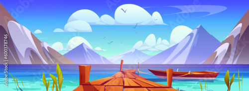 Pier on lake with mountain view cartoon landscape. Wooden dock on sea water with boat on rope picturesque travel background illustration. Scandinavian nature bay panorama with sunlight and cloud