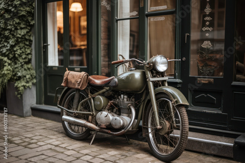 Fototapeta Naklejka Na Ścianę i Meble -  Retro bike at the entrance of an cafe in a European city. Photorealistic illustration generative AI.