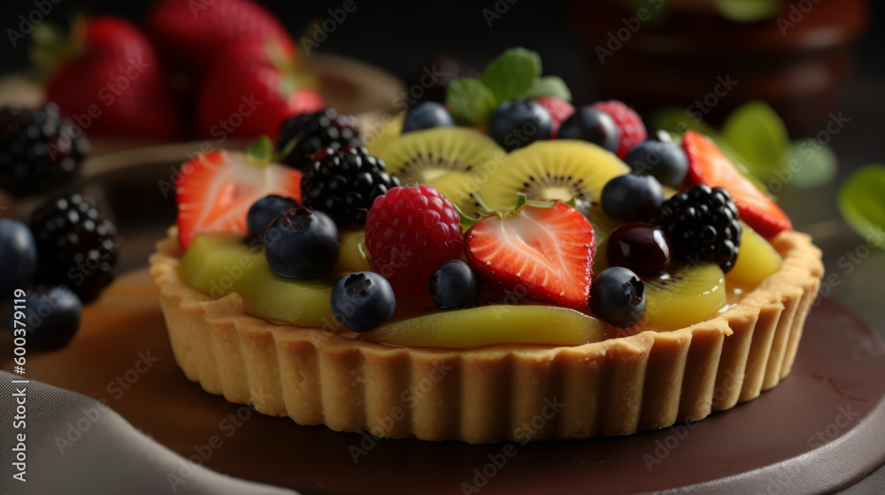 Fruit tart: A dessert made with a shortbread crust filled with pastry cream and topped with fresh fruit.. Generative AI Art Illustration