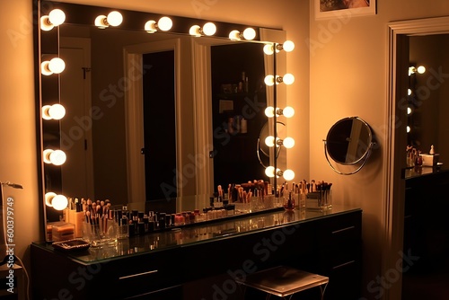 Hollywood style dressing room with mirror sourronded by lightbulbs, generative ai