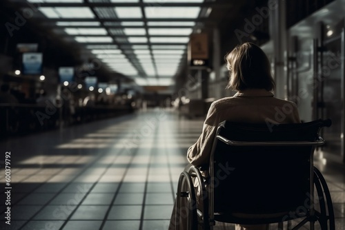 Back of young woman sitting in wheelchair at airport. Generative AI.